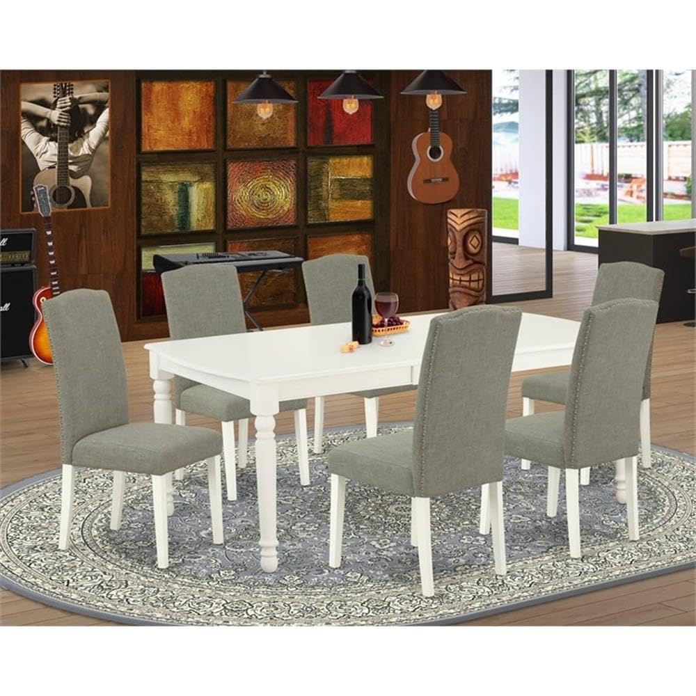 East West Furniture Doen7-Lwh-06 7 Piece Dining Room Set Consist Of A Rectangle Wooden Table With Butterfly Leaf And 6 Dark Shitake Linen Fabric Parson Dining Chairs, 42X78 Inch, Linen White